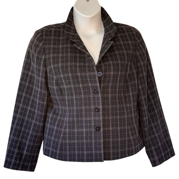 Lafayette 148 New York Wool Blazer Black and Grey Plaid Fitted Career Women's 12 - Picture 1 of 7